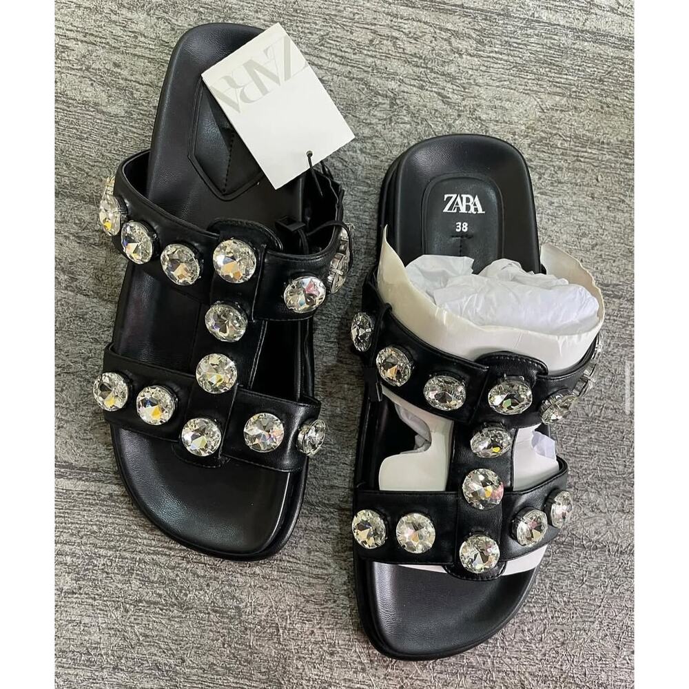 ZARA Black Crystal Embellished Flat Sandals NWT Double Strap Gem Slides Size 7.5 - Picture 8 of 16
